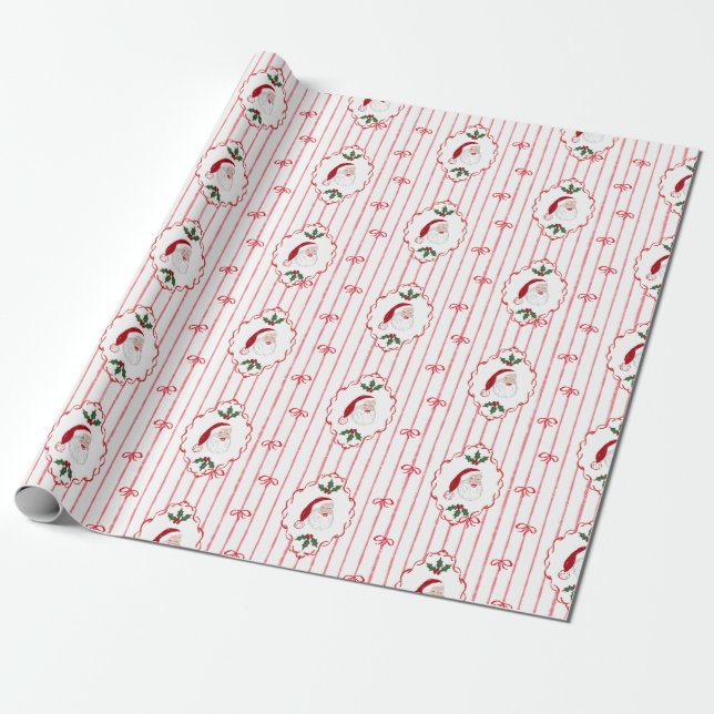 Santa Holly Cameo Window with Red Bow Stripe Wrapping Paper (Unrolled)