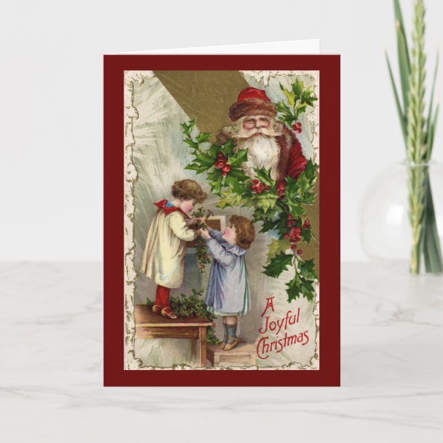 Santa & Holly Children Joyful Christmas Vintage Holiday Card (Front)