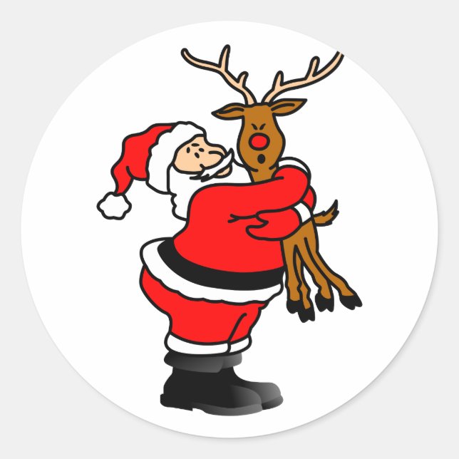 Santa Hugging Reindeer Classic Round Sticker (Front)