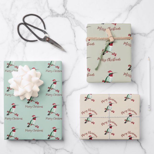 Santa Hummingbird Merry Christmas Wrapping Paper Sheet (Front)