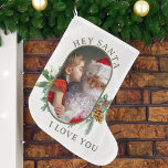 Santa I Love You Holly Pine Lozenge Shape Photo Large Christmas Stocking<br><div class="desc">Fun Christmas Photo stocking with custom photo and personalized message to Santa, or you could add your name instead. Your photo is displayed in 16:9 portrait format and the photo template will automatically display them in a pill-shaped, rounded lozenge shape. Please browse my Rounded Lozenge Photo Collage collection for more...</div>