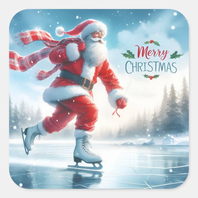 Santa Ice Skating in Winter Bliss Square Sticker (Front)