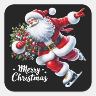 Santa Ice Skating Joyfully at Christmas Square Sticker