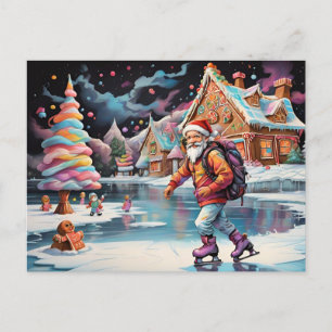 Santa ice skating Psychedelic colours Holiday Postcard