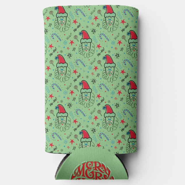 Santa illustration Christmas Stocking stuffers Seltzer Can Cooler (Front)