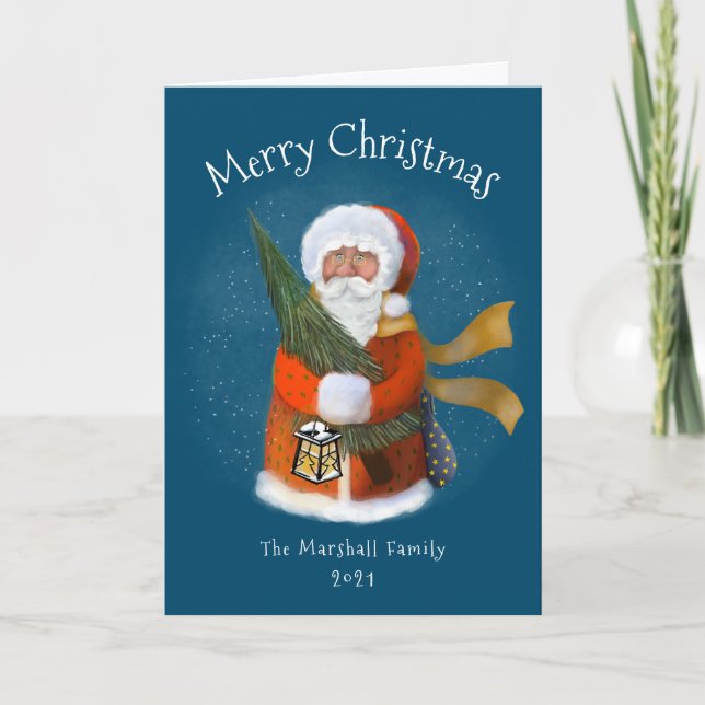 Santa Illustration Navy Blue Non-Photo Holiday Card (Front)