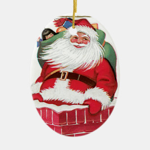 Santa in a Chimney Vintage Illustration Ceramic Ornament