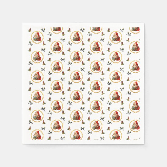 Santa in a Gold Wreath with Christmas Elements Napkin (Front)