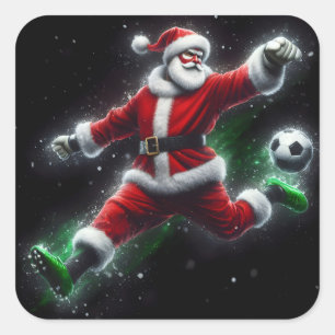 Santa in a Red Suit Kicks a Soccer Ball in Style Square Sticker
