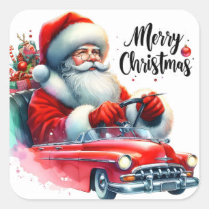 Santa in a Vintage Car With Gifts Square Sticker