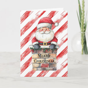 Santa in Chimney Red Stripes Christmas Card