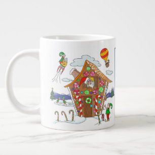 Santa in Gingerbread House with Elves Colourful Large Coffee Mug