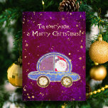 Santa in his car at Christmas Foil Holiday Card<br><div class="desc">A cute Santa in a shining car under the snow driving to your home! 
Perfect to wish a Merry Christmas to the little ones or to the big children! 
Message: To everyone,  a Merry Christmas,  customizable in the Zazzle editor.</div>