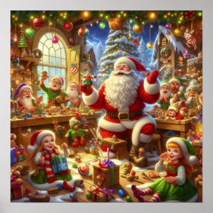 Santa in His Christmas Workshop With Toys Wall Poster