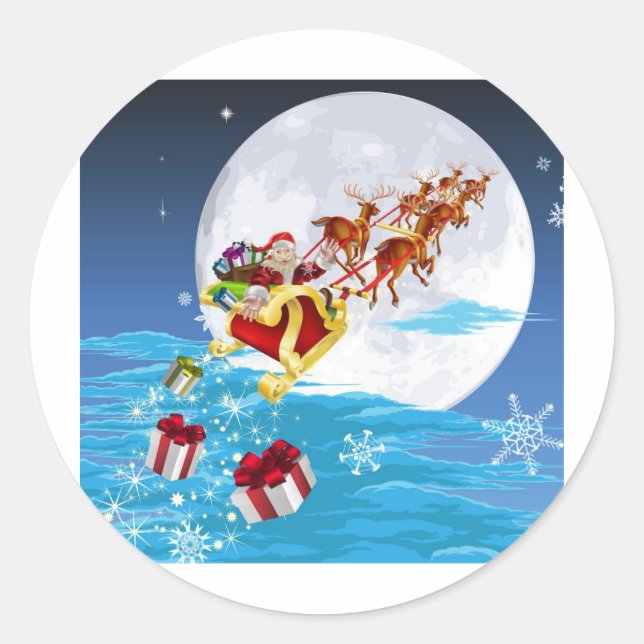 Santa in his sled classic round sticker (Front)