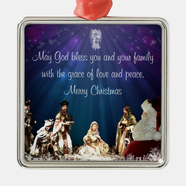 Santa in Nativity Metal Ornament (Front)