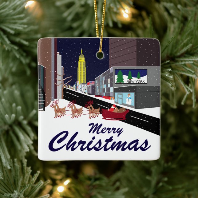 Santa In New York Christmas Ceramic Ornament (Tree)