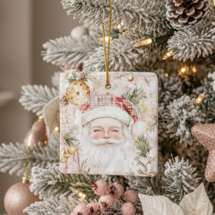 Santa in Red Plaid Hat Pink Christmas Holiday Ceramic Ornament