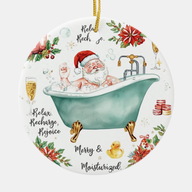 Santa in the Bathtub Spa Christmas themed Ceramic Ornament (Front)