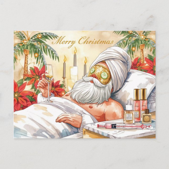 Santa in the Bathtub Spa Christmas themed Holiday Postcard (Front)