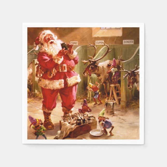 Santa in the Reindeer Barn Napkin (Front)