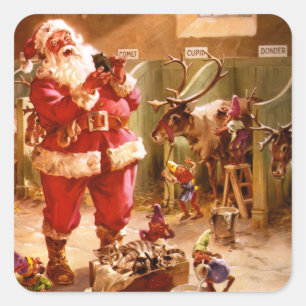 Santa in the Reindeer Barn Square Sticker