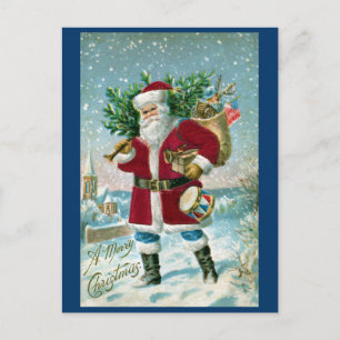 Santa in the Snow Carrying Drum and Tree Holiday Postcard