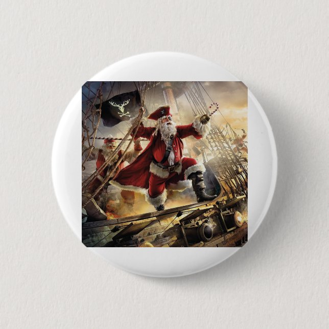santa is a pirate 2 inch round button (Front)
