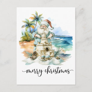 Santa is building Sand Castle for Christmas Postcard