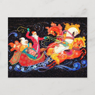 Santa is coming in three horses chariots, Soviet Postcard
