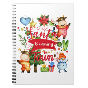 Santa Is Coming To Town - Cute Cows Holiday Party Notebook