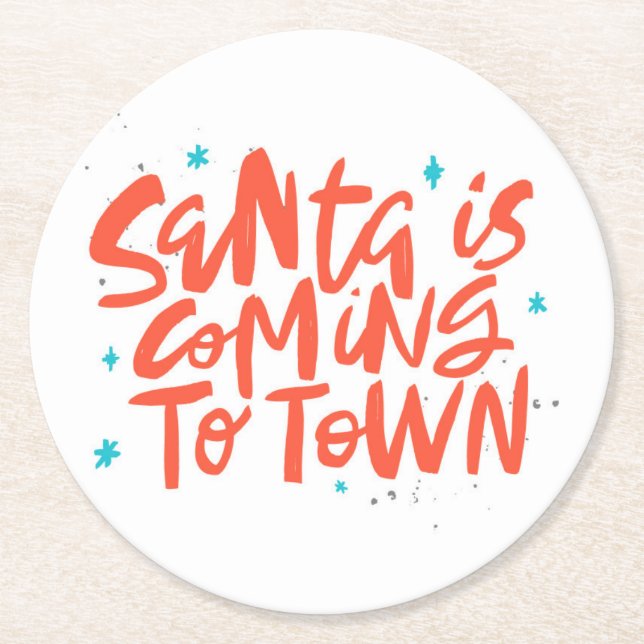 Santa is Coming to Town Holiday Design Round Paper Coaster (Front)