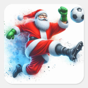 Santa is Kicking a Soccer Ball in a Festive Scene Square Sticker
