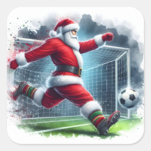 Santa is Kicking a Soccer Ball in a Winter Setting Square Sticker