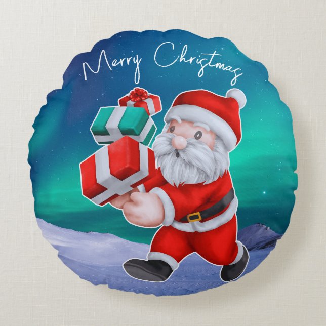 Santa is on his way Northern Lights Christmas Round Pillow (Front)
