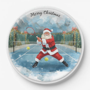 Santa is Playing Tennis Merry Christmas themed Paper Plate