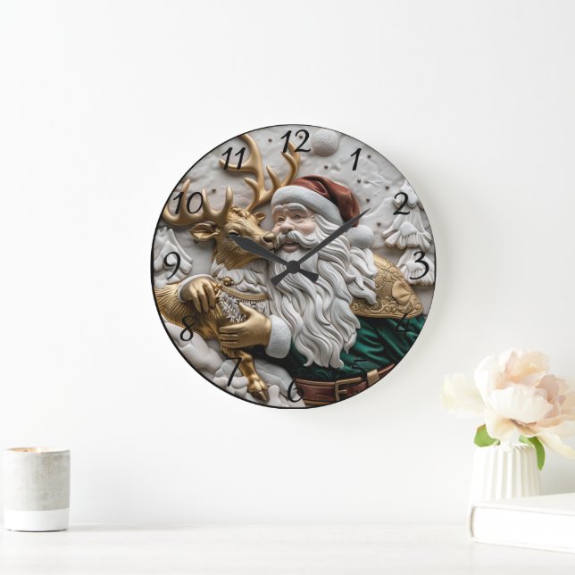 Santa joyfully shares moments with reindeer large clock (Home)