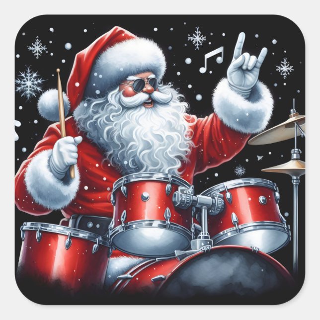 Santa Keeps Christmas Alive With Drums Square Sticker (Front)