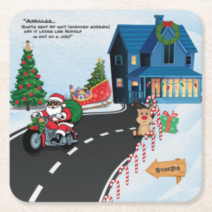 Santa Kept My Gift Funny Santa On Motorcycle Square Paper Coaster
