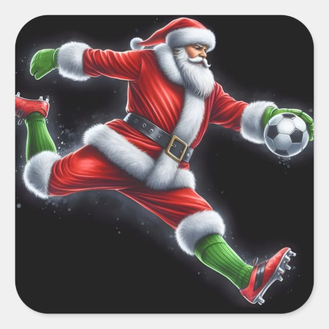 Santa Kicking a Soccer Ball Outside Square Sticker (Front)
