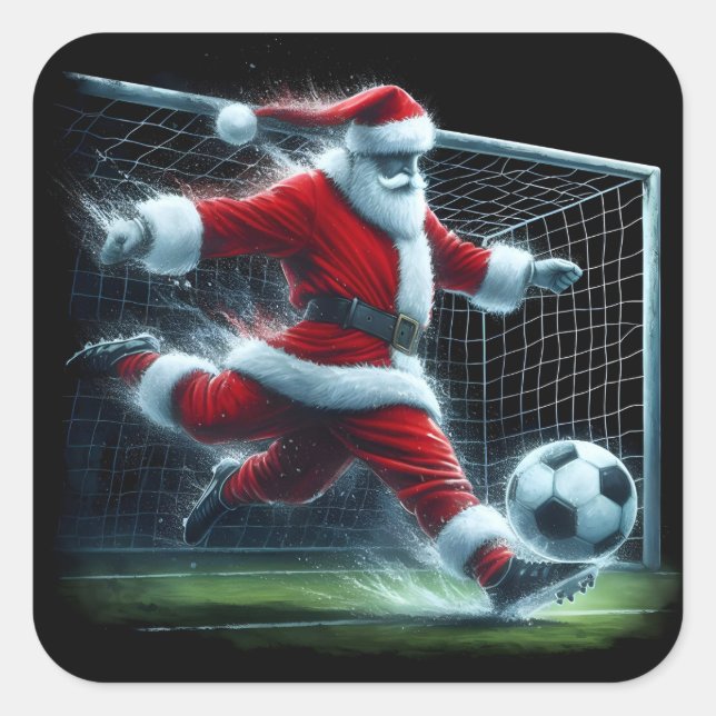 Santa Kicks the Soccer Ball During a Festive Match Square Sticker (Front)