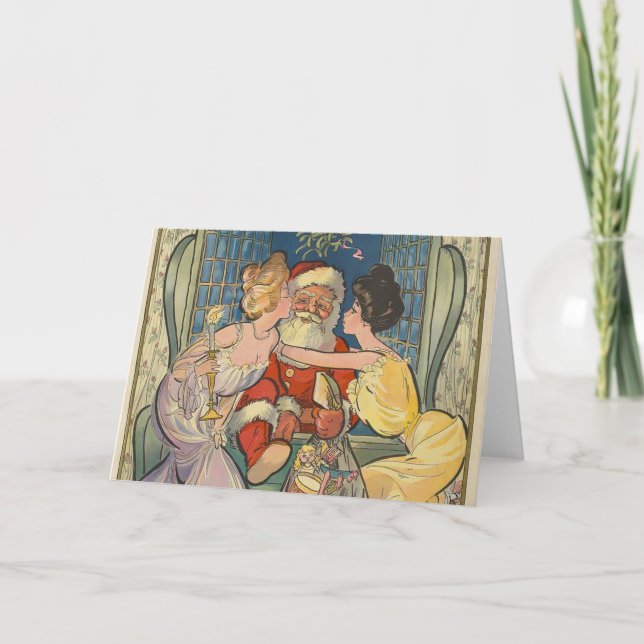 Santa Kissing Vintage Christmas Card (Front)