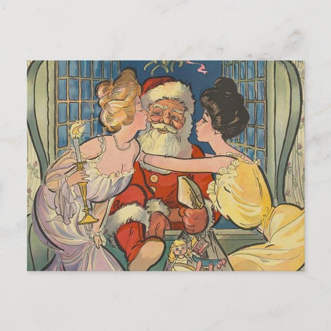 Santa Kissing Vintage Christmas Card (Front)