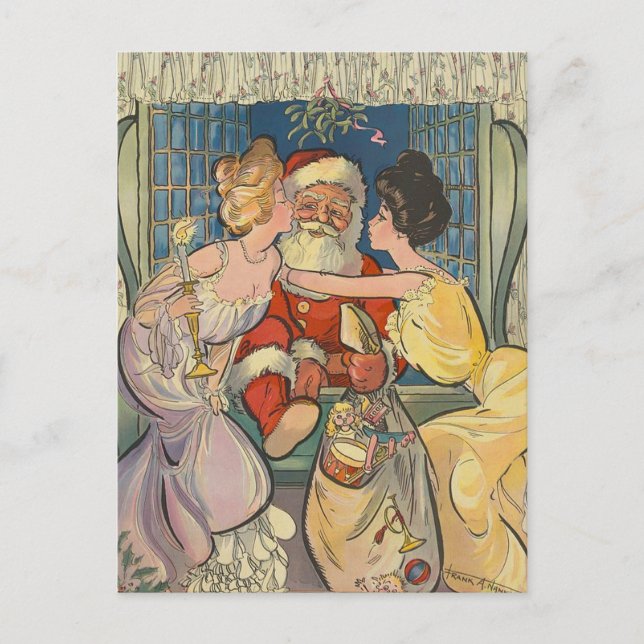Santa Kissing Vintage Christmas Card (Front)