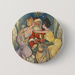 Santa Kissing Vintage Christmas Card 2 Inch Round Button