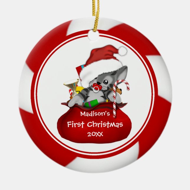 Santa Kitten Baby's First Christmas Ornament (Front)