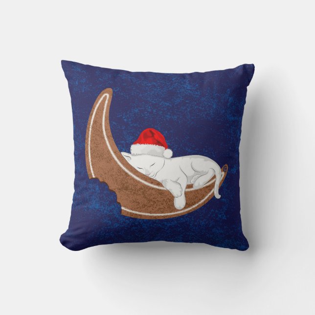 Santa Kitty and the Gingerbread Moon Throw Pillow (Front)