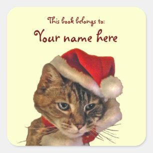 Santa Kitty Bookplate Square Sticker