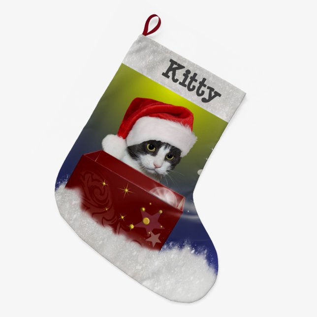 Santa Kitty Large Christmas Stocking (Front (Hanging))