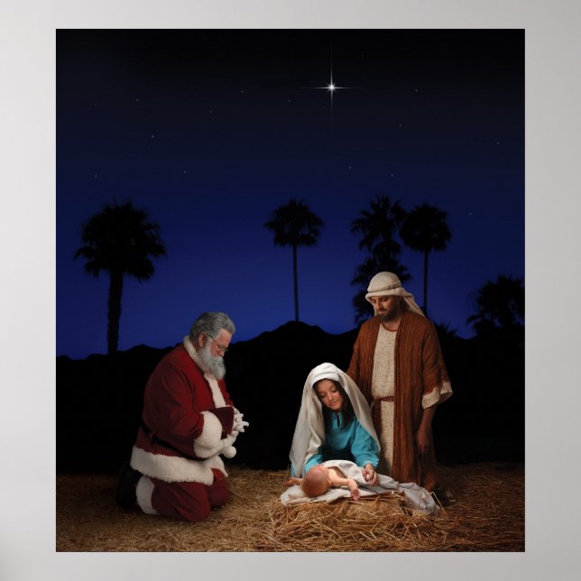 Santa Kneeling at Nativity Poster (Front)